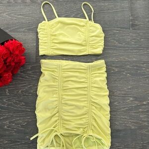 Lemon Yellow Ruched Set – Top & Skirt Summer Fit